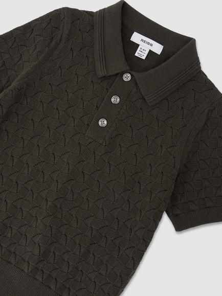 Reiss Kids' Boston Cotton Pointelle Knit Polo Jumper - view 2, Dark Sage