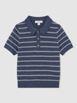 Reiss Kids' Cotton Stripe Knit Polo Jumper, Navy/White, Navy/White