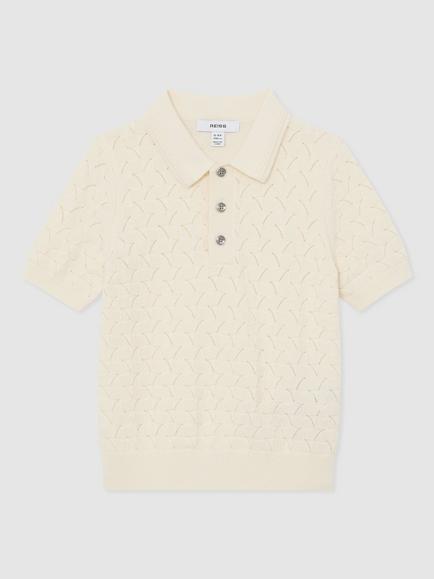 Reiss Kids' Boston Cotton Pointelle Knit Polo Jumper, Off White