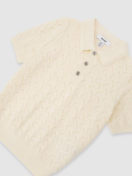 Reiss Kids' Boston Cotton Pointelle Knit Polo Jumper - view 2, Off White