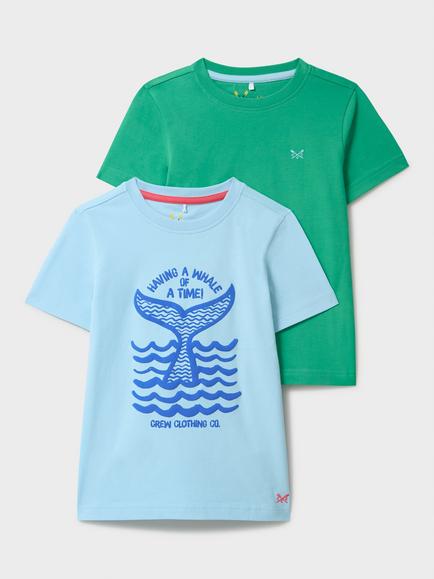 Crew Clothing Kids' Cotton Plain/Graphic T-Shirt, Pack of 2, Multi Blue, Multi Blue