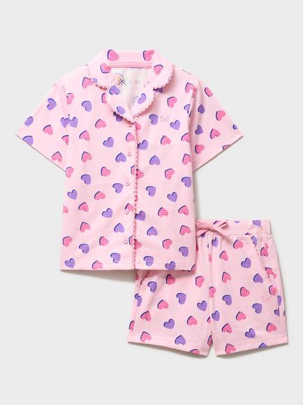 Crew Clothing Kids' Cotton Heart Print Short Pyjama Set, Light Pink, Light Pink
