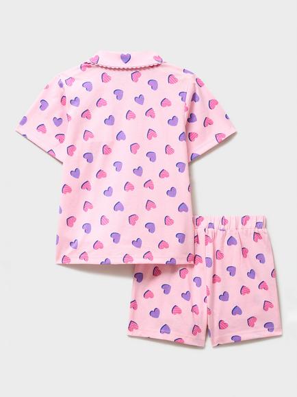 Crew Clothing Kids' Cotton Heart Print Short Pyjama Set, Light Pink - view 2, Light Pink