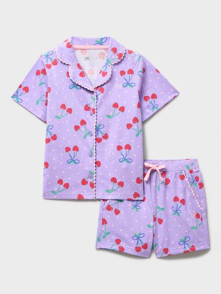 Crew Clothing Kids' Cotton Cherry Print Short Pyjama Set, Lilac, Lilac