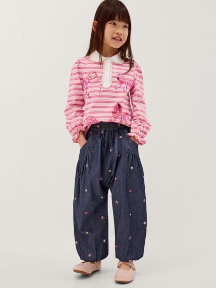 Monsoon Kids' Embroidered Chambray Cuffed Trousers, Blue, Blue
