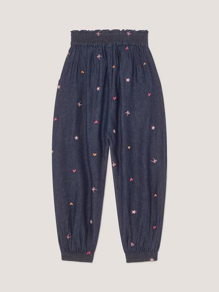 Monsoon Kids' Embroidered Chambray Cuffed Trousers, Blue - view 2, Blue