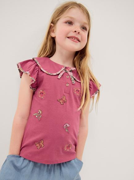 Monsoon Kids' Short Sleeve Floral Embroidered T-Shirt, Pink, Pink