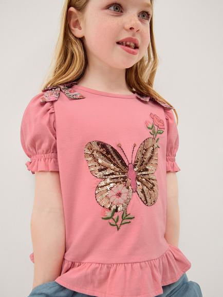 Monsoon Kids' Short Sleeve Sequin Butterfly T-Shirt, Pink, Pink