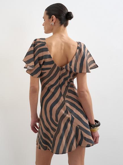 Topshop Short Frill Sleeve Animal Stripe Print Mini Dress, Brown - view 2, Brown