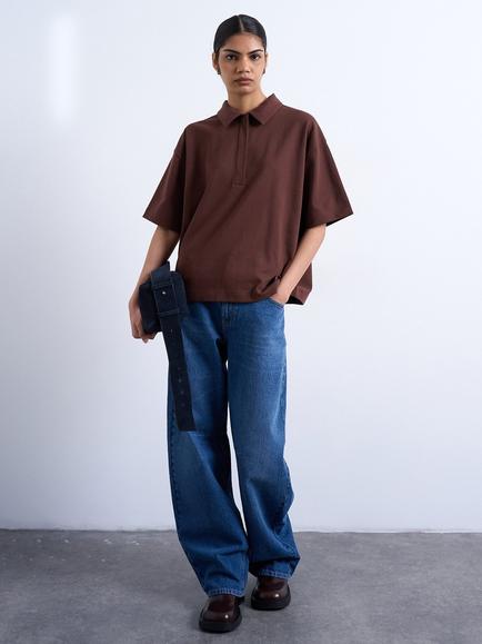 Topshop Short Sleeve Cotton Blend Polo Shirt, Brown, Brown