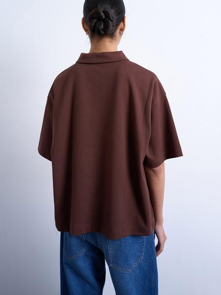 Topshop Short Sleeve Cotton Blend Polo Shirt, Brown - view 2, Brown