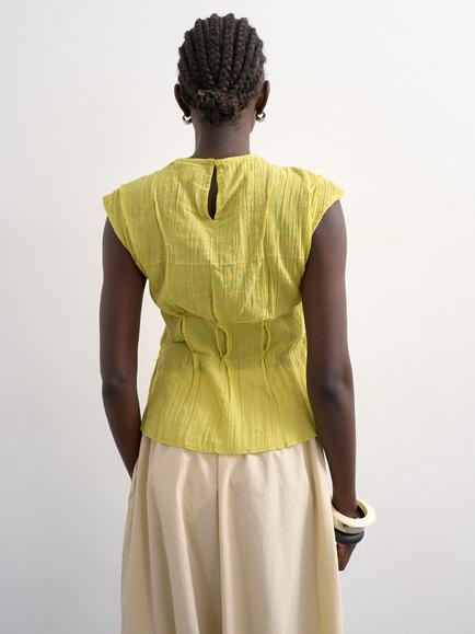 Topshop Pintuck Crinkle Cotton Cap Sleeve Top, Green - view 2, Mgreen