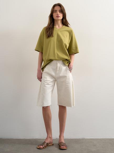 Topshop Oversized Premium Cotton Blend Interlock V-Neck T-Shirt, Khaki, Khaki