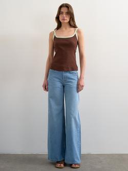 Topshop Skinny Strap Ribbed Cotton Blend Vest, Brown, Brown