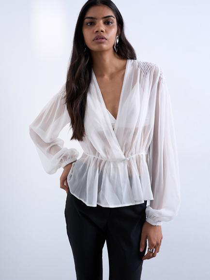 Topshop Chiffon Sheer Panel Balloon Sleeve Blouse, Ivory, Ivory