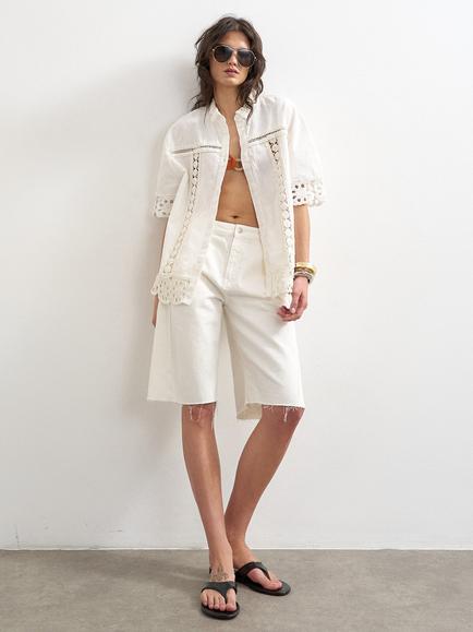 Topshop Lace Insert Cotton Rich Resort Shirt, White, White