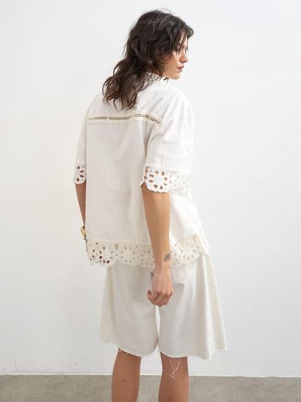 Topshop Lace Insert Cotton Rich Resort Shirt, White - view 2, White