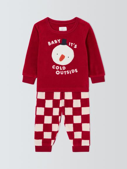 John Lewis Baby Velour Snowman Pyjamas, Red, Red