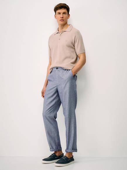 Crew Clothing Stripe Cotton Linen Blend Trousers, Navy Blue