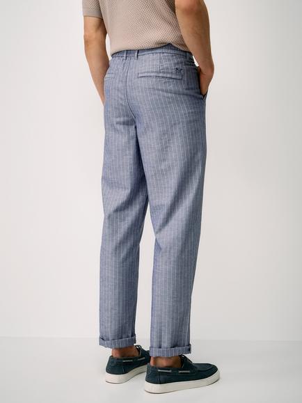 Crew Clothing Stripe Cotton Linen Blend Trousers - view 2, Navy Blue