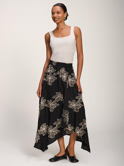 Jolie Moi Asymmetric Embroidered Midi Skirt, Black, Black