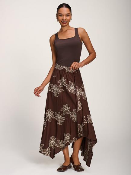 Jolie Moi Asymmetric Embroidered Midi Skirt, Cocoa Brown, Cocoa Brown