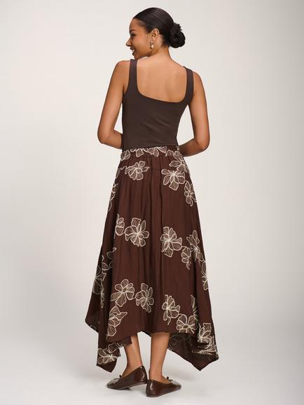 Jolie Moi Asymmetric Embroidered Midi Skirt, Cocoa Brown - view 2, Cocoa Brown
