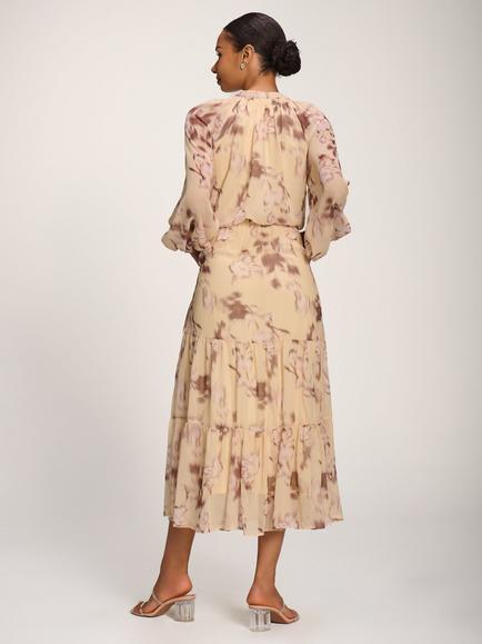 Jolie Moi Abstract Floral Print Tiered Chiffon Maxi Dress, Yellow Multi - view 2, Yellow Multi
