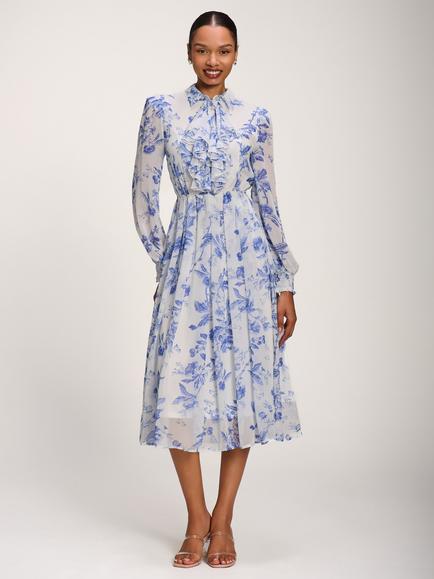 Jolie Moi Chiffon Print Ruffle Long Sleeve Shirt Dress, White Floral, White Floral