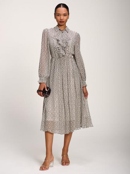 Jolie Moi Chiffon Ruffle Long Sleeve Shirt Dress, White Geo, White Geo