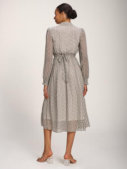 Jolie Moi Chiffon Ruffle Long Sleeve Shirt Dress, White Geo - view 2, White Geo