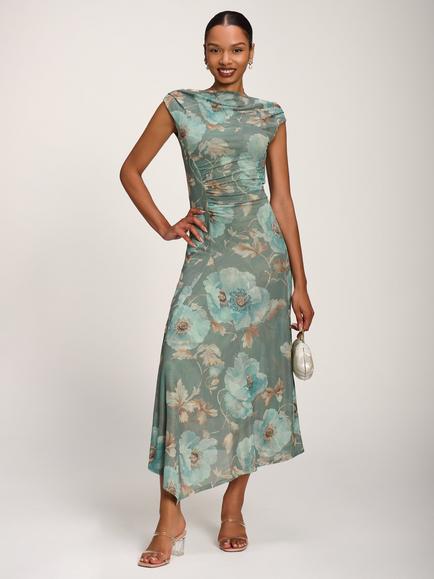Jolie Moi Asymmetric Draped Mesh Midaxi Dress, Green Floral, Green Floral