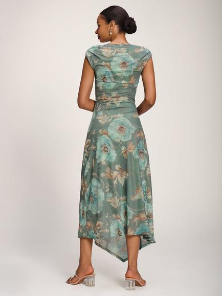 Jolie Moi Asymmetric Draped Mesh Midaxi Dress, Green Floral - view 2, Green Floral