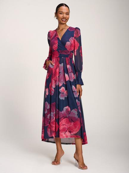 Jolie Moi Long Sleeve V Neck Mesh Maxi Dress, Fuchsia Floral, Fuchsia Floral