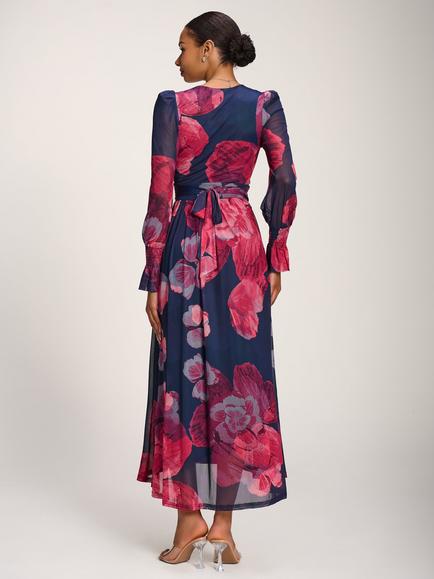 Jolie Moi Long Sleeve V Neck Mesh Maxi Dress, Fuchsia Floral - view 2, Fuchsia Floral