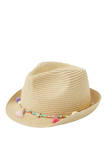 Angels by Accessorize Kids' Beaded Tassel Straw Trilby Hat, Natural, Natural