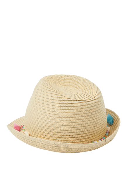 Angels by Accessorize Kids' Beaded Tassel Straw Trilby Hat, Natural - view 2, Natural
