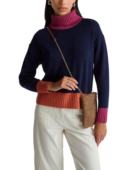 Benetton High Neck Wool Colour Block Jumper, Navy/Multi, Navy/Multi