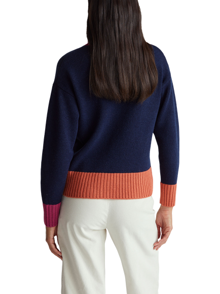 Benetton High Neck Wool Colour Block Jumper, Navy/Multi - view 2, Navy/Multi