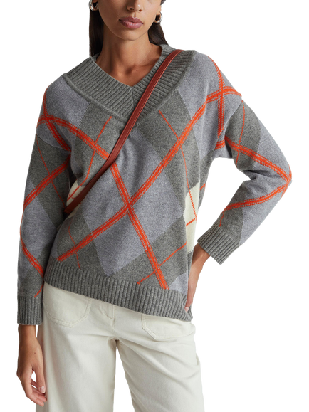 Benetton Ribbed V-Neck Boxy Fit Jumper, Grey, Grey