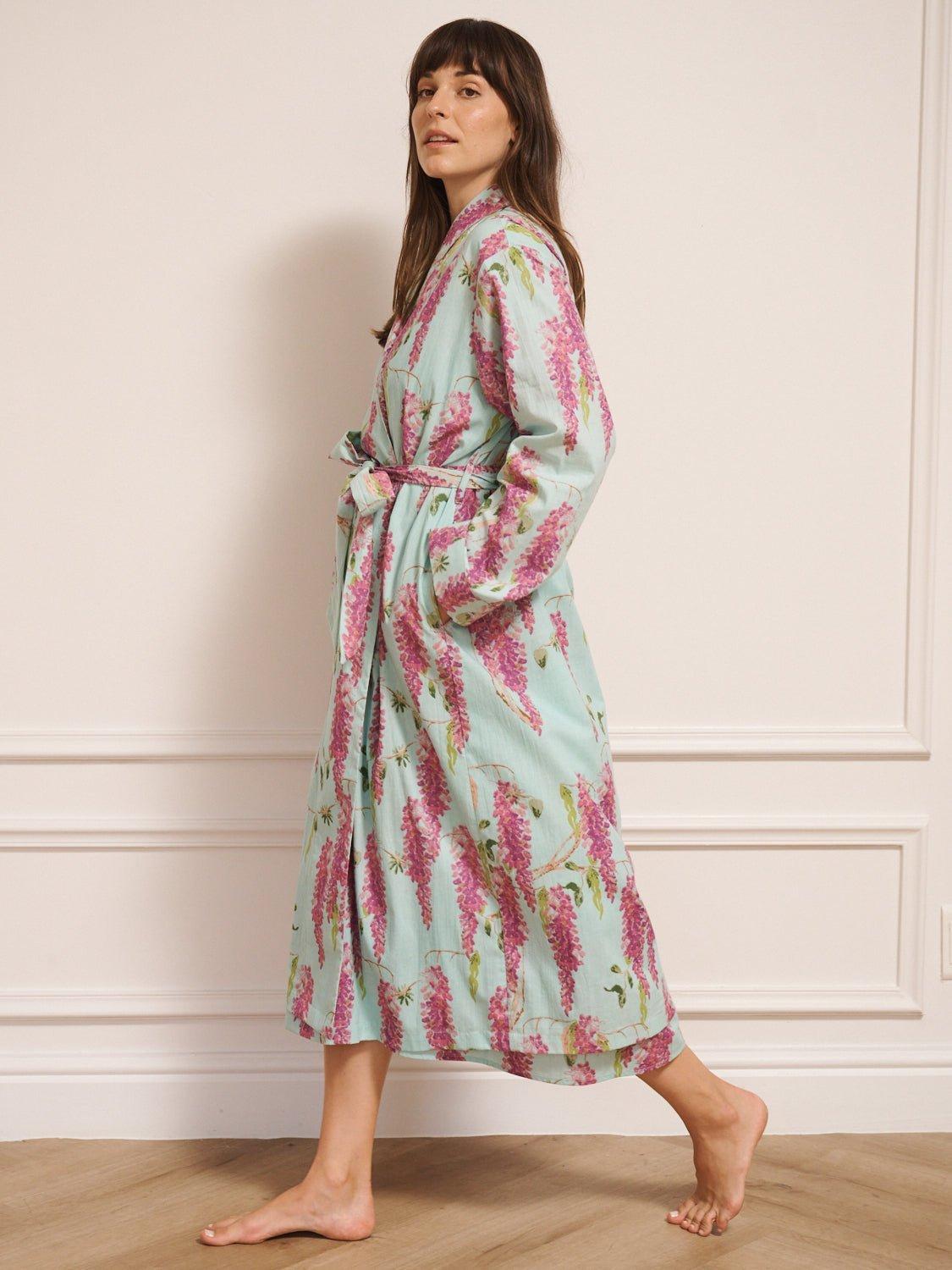 Their Nibs Floral Print Cotton Robe, Duck Egg