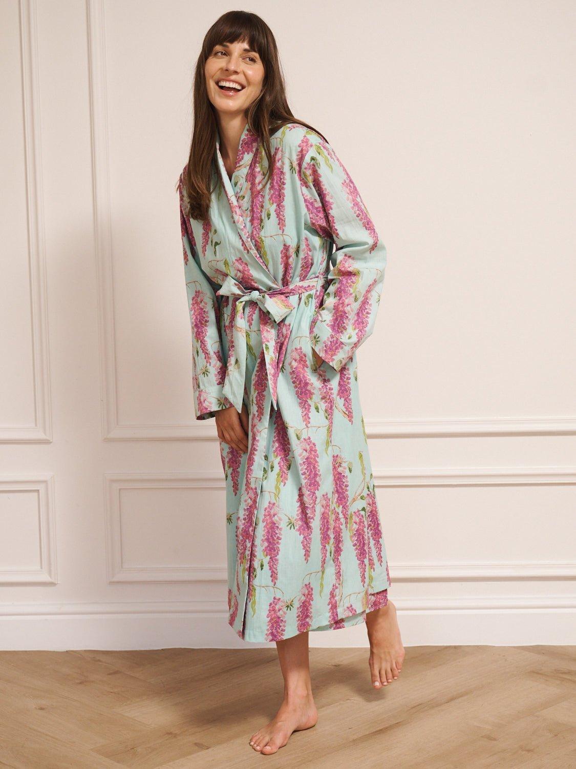 Their Nibs Floral Print Cotton Robe, Duck Egg