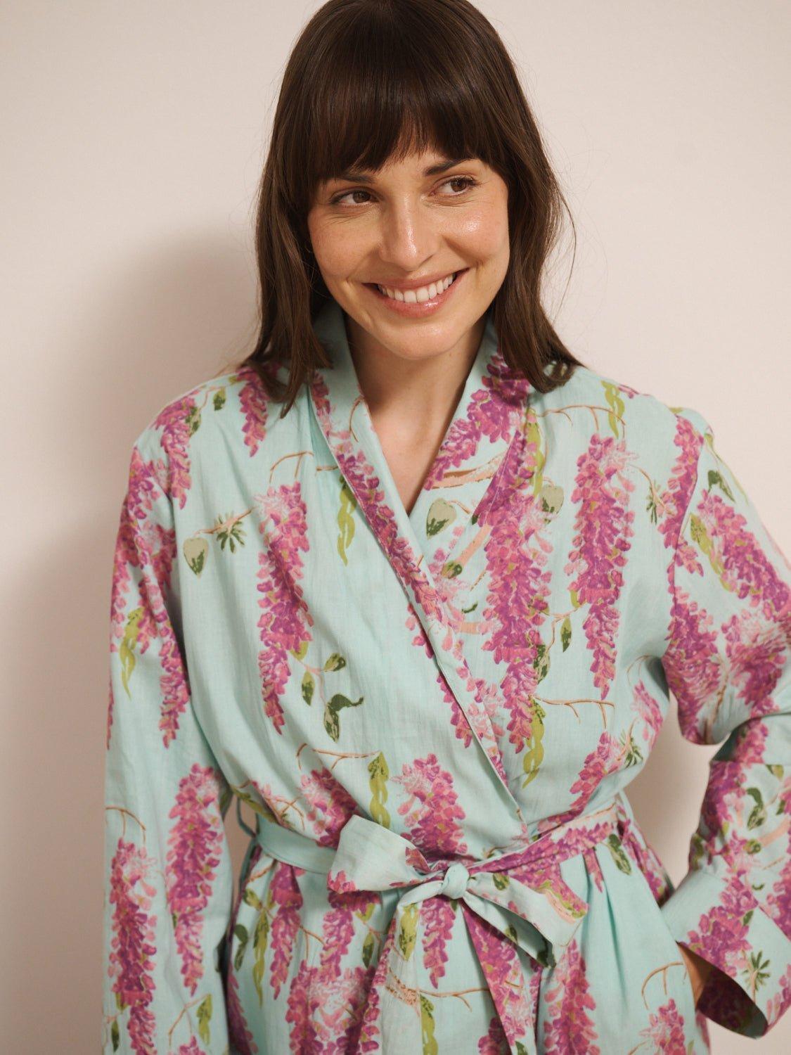 Their Nibs Floral Print Cotton Robe, Duck Egg