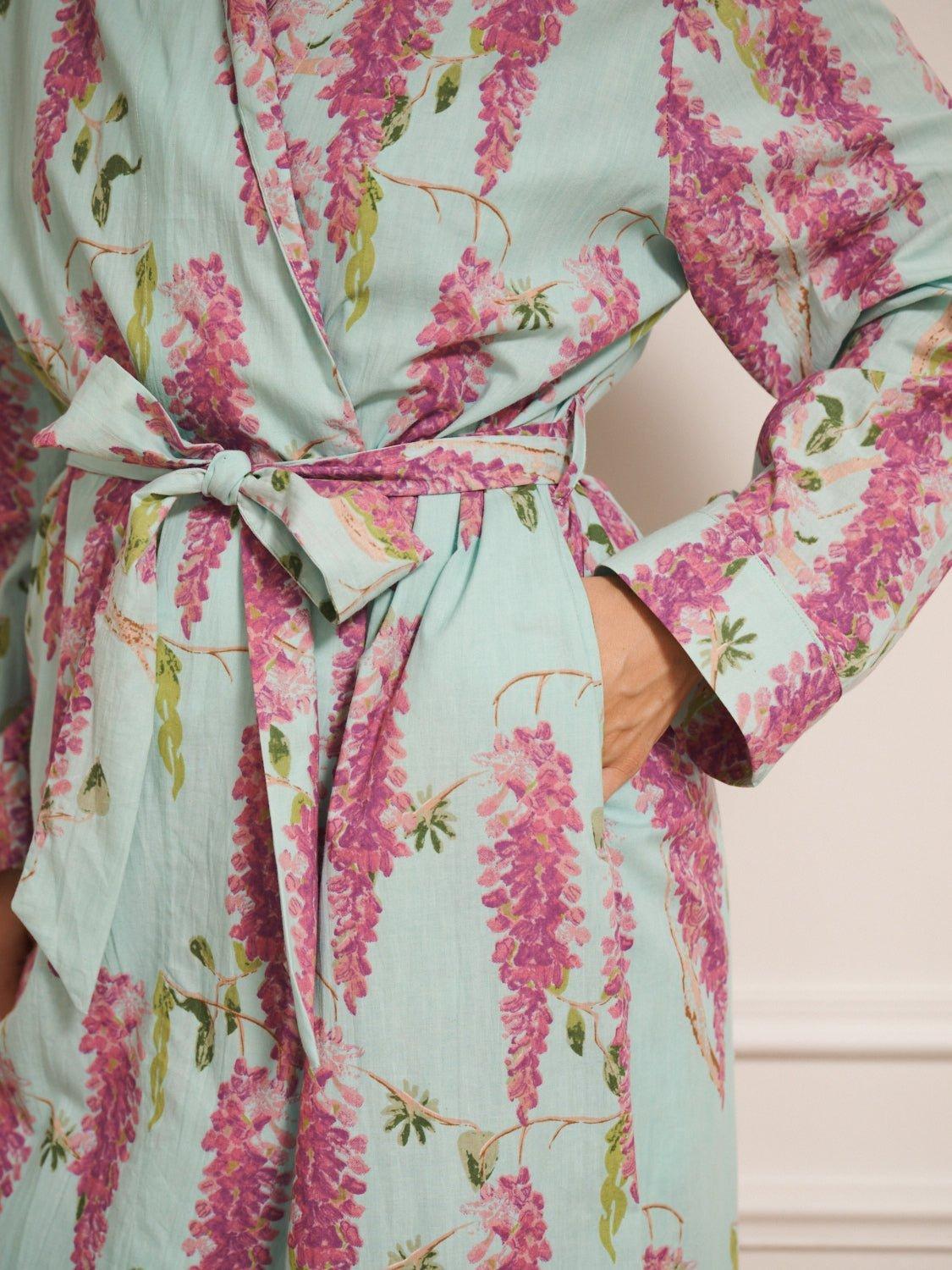 Their Nibs Floral Print Cotton Robe, Duck Egg