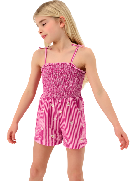 Angels by Accessorize Kids' Stripe Embroidered Daisy Playsuit, Pink, Pink