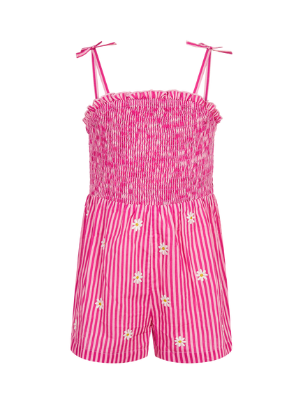 Angels by Accessorize Kids' Stripe Embroidered Daisy Playsuit, Pink - view 2, Pink