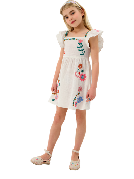 Angels by Accessorize Kids' Embroidered Flutter Sleeve Dress, Multi, Multi