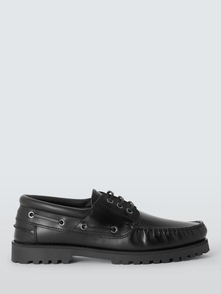 John Lewis Thurne Leather Boat Shoes, Black Black, Black Black