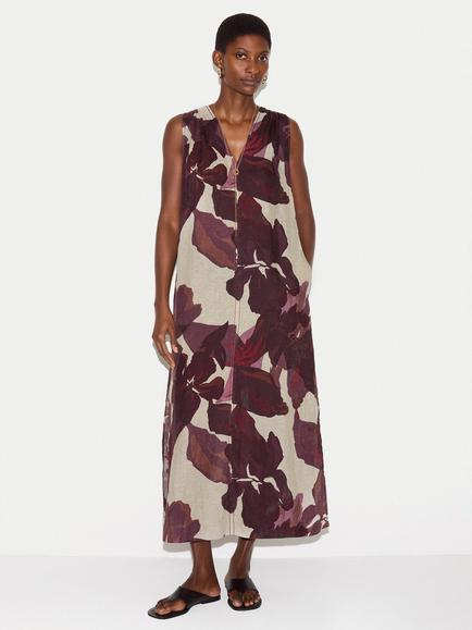 Jigsaw Iris Leaf Linen Maxi Dress, Burgundy/Off White, Burgundy/Off White