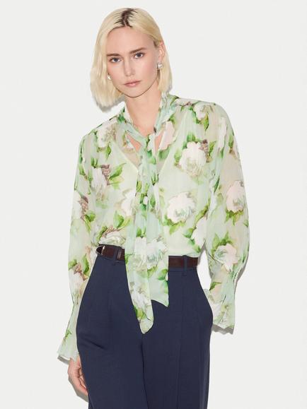 Jigsaw Sketch Rose Print Georgette Top, Green/Multi, Green/Multi